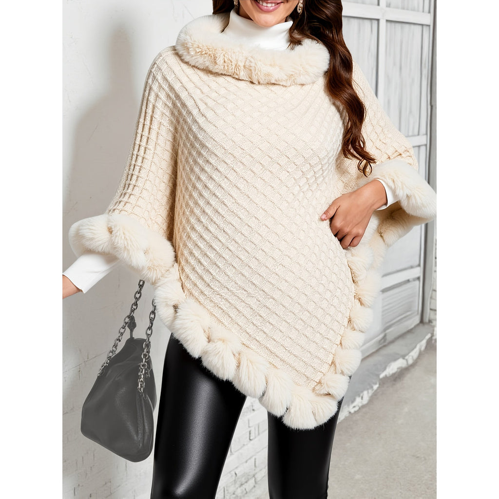 Knit Poncho Damskie Dzianinowe Z Futrzanym Wykończeniem With Soft Faux Fur Trim - Image 4