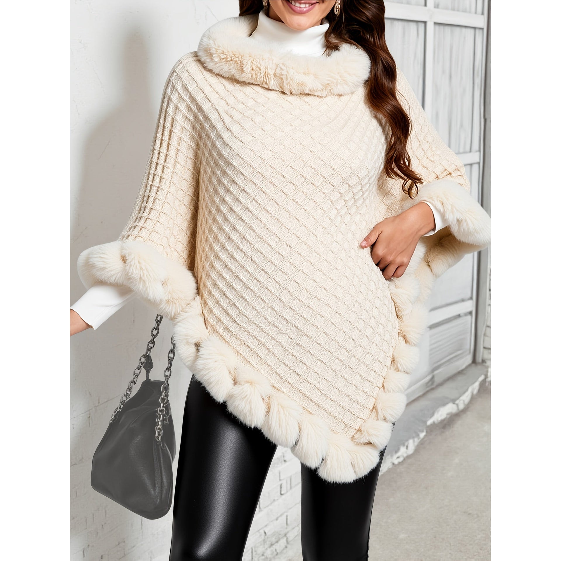 Knit Poncho Damskie Dzianinowe Z Futrzanym Wykończeniem With Soft Faux Fur Trim - Image 4