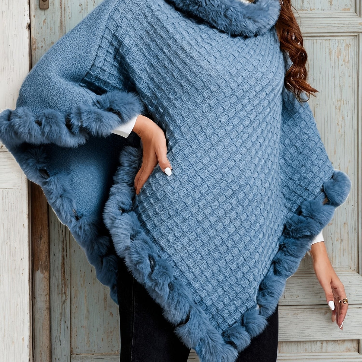 Knit Poncho Damskie Dzianinowe Z Futrzanym Wykończeniem With Soft Faux Fur Trim - Image 6