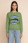 Knit Sweater with Relaxed Fit Crewneck and Fish Graphic - Image 1