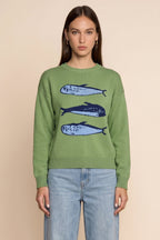 Knit Sweater with Relaxed Fit Crewneck and Fish Graphic - Image 1