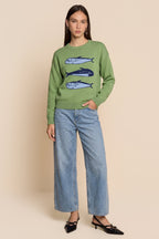 Knit Sweater with Relaxed Fit Crewneck and Fish Graphic - Image 2
