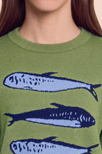Knit Sweater with Relaxed Fit Crewneck and Fish Graphic - Image 4