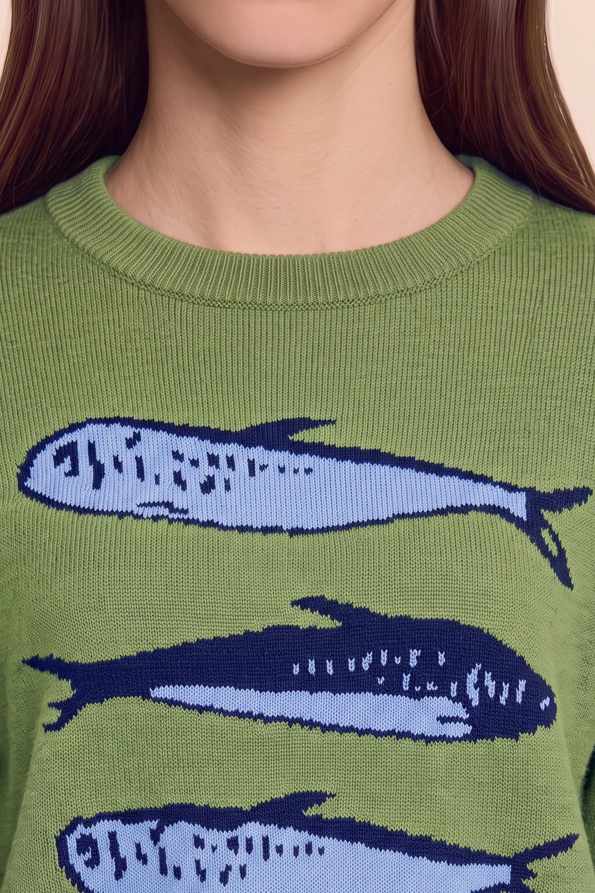 Knit Sweater with Relaxed Fit Crewneck and Fish Graphic - Image 4
