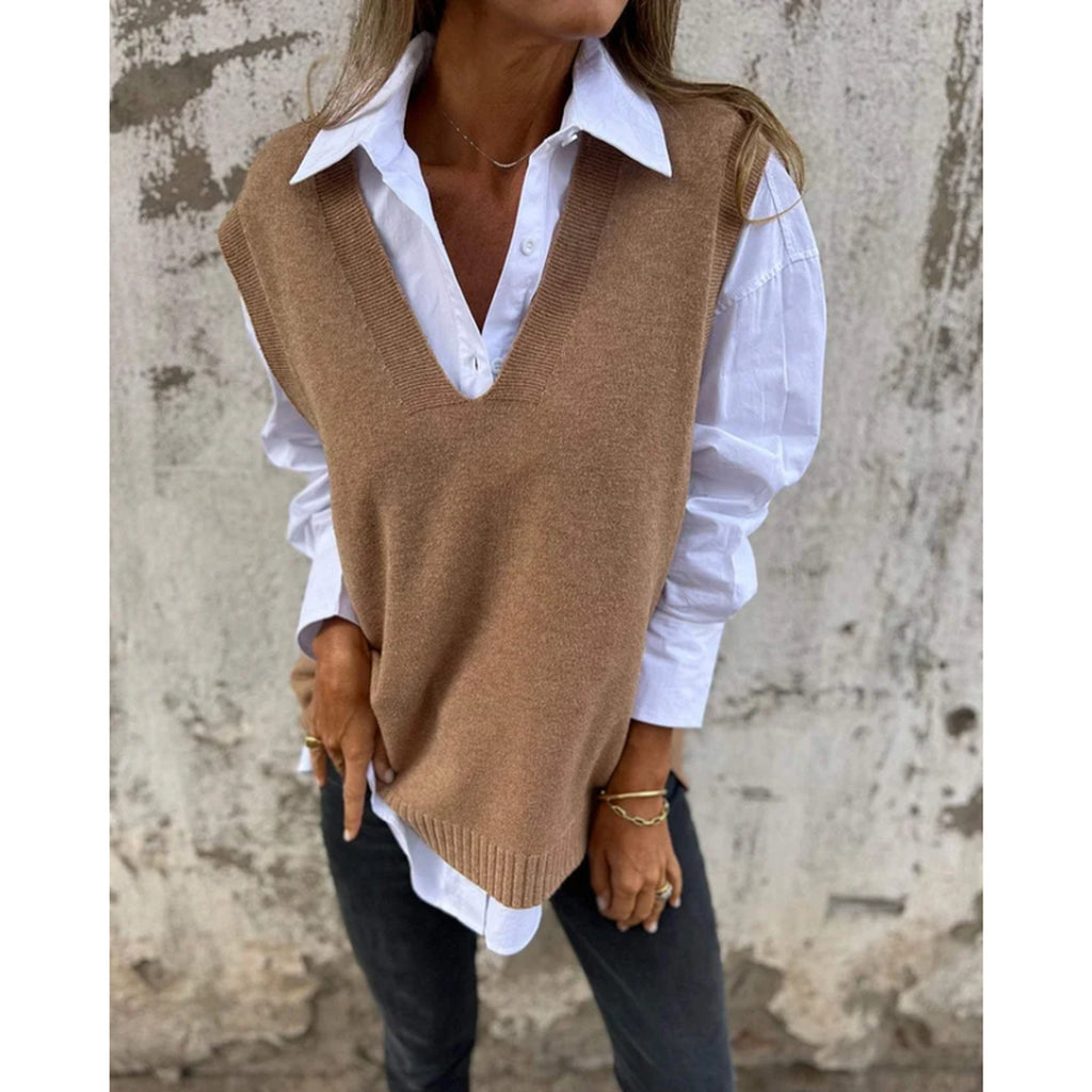 Knit Vest with V-Neck Cardigan Design and Sleeveless Fit - Image 1
