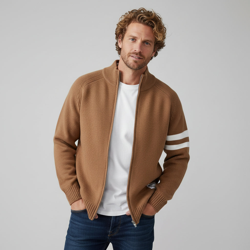 Knit Zip Sweater with Wool Blend and Ribbed Trims - Image 1