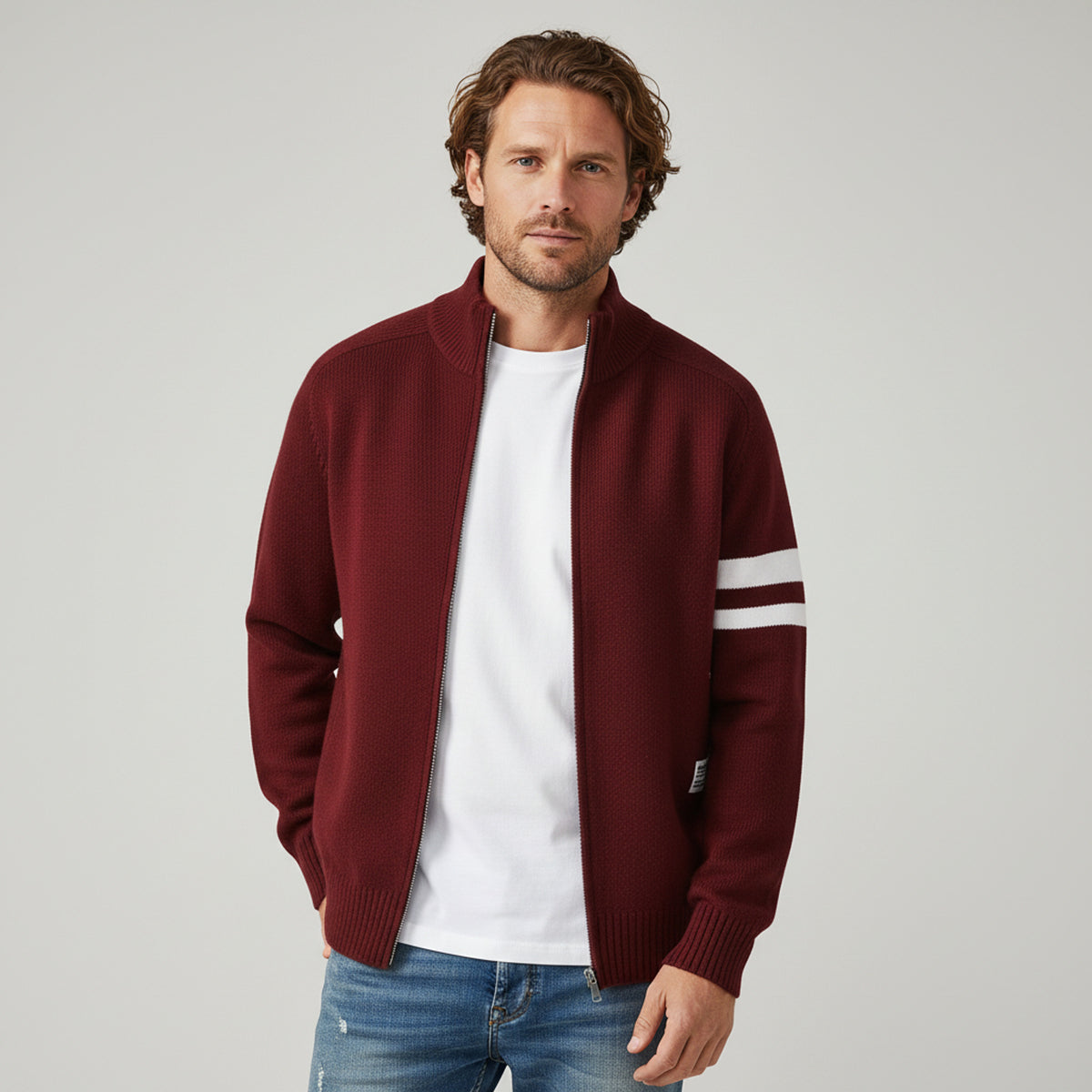 Knit Zip Sweater with Wool Blend and Ribbed Trims - Image 3