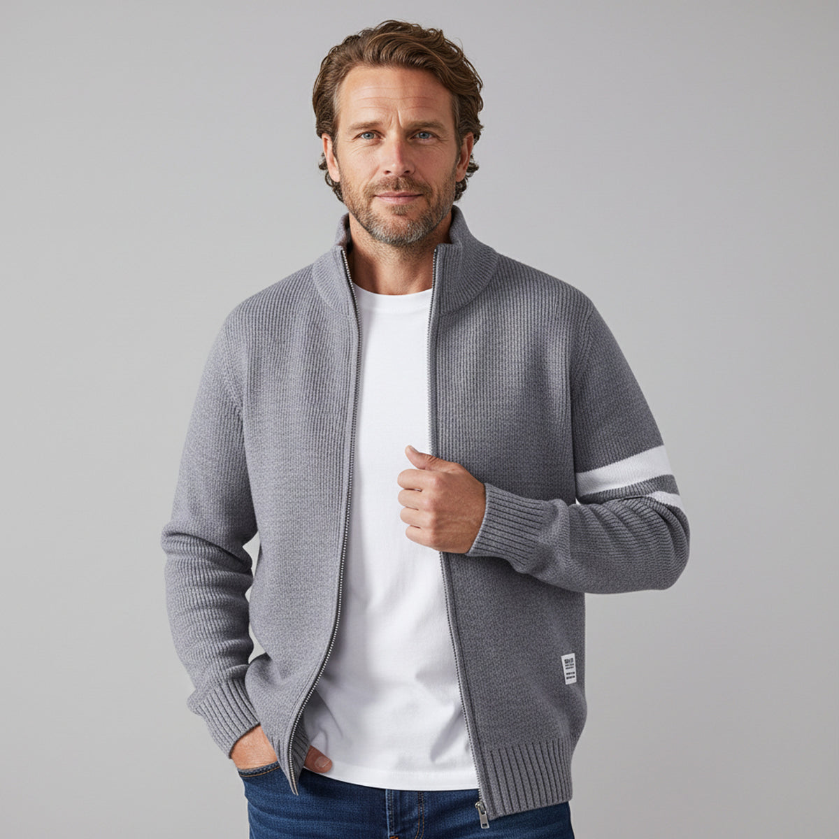 Knit Zip Sweater with Wool Blend and Ribbed Trims - Image 5
