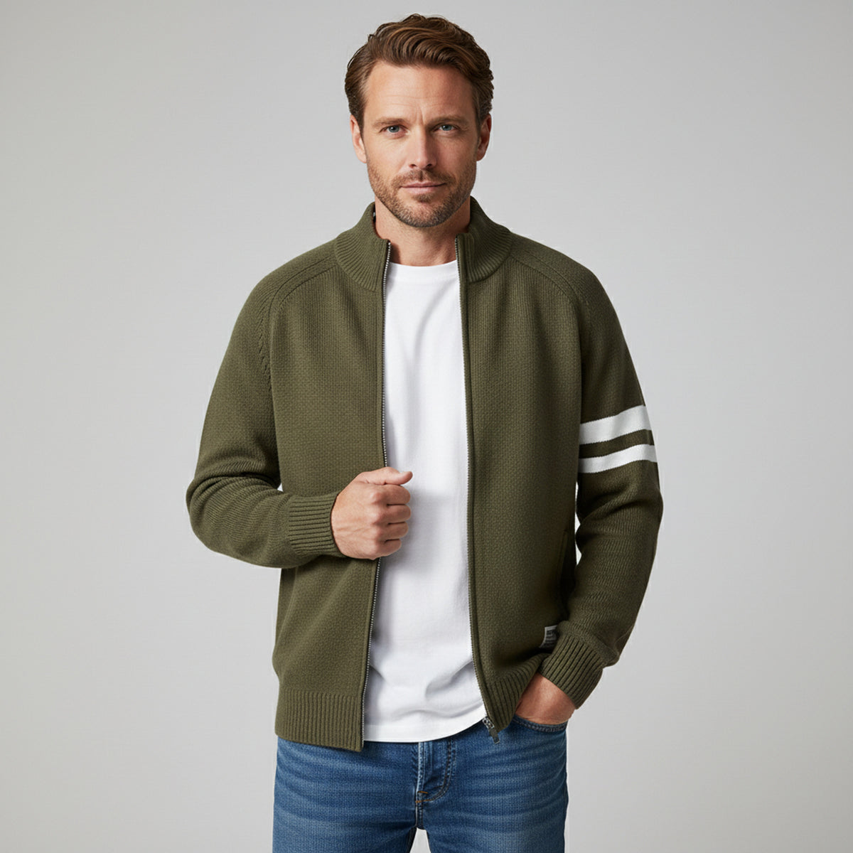 Knit Zip Sweater with Wool Blend and Ribbed Trims - Image 7