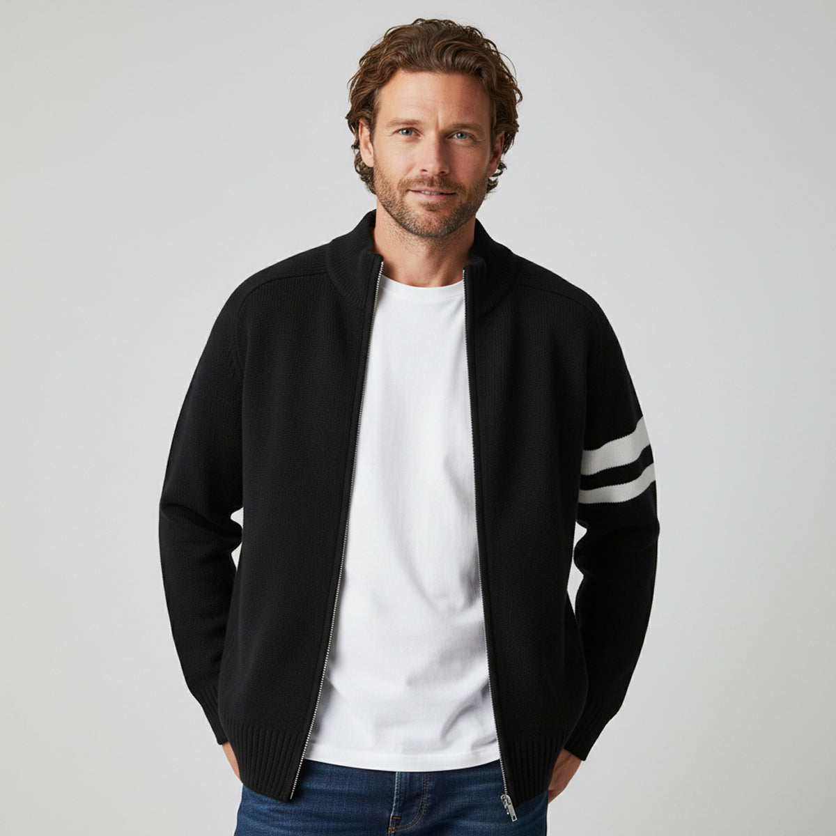 Knit Zip Sweater with Wool Blend and Ribbed Trims - Image 8