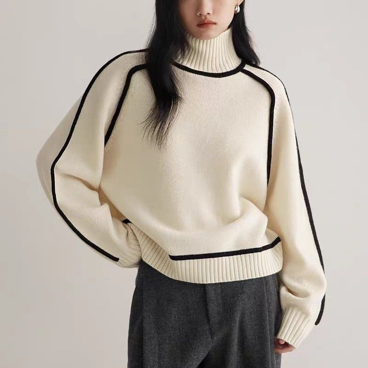 Knitted Pullover Sweater with Long Sleeve Turtleneck and Cable Knit - Image 8