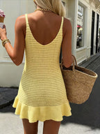 NOVA | Women's Knitted Holiday Mini Dress – Sleeveless Crochet Beach Vacation Dress | White & Yellow