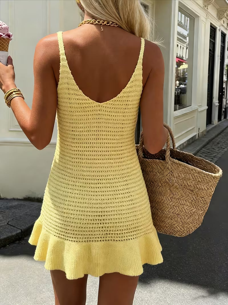 NOVA | Women's Knitted Holiday Mini Dress – Sleeveless Crochet Beach Vacation Dress | White & Yellow
