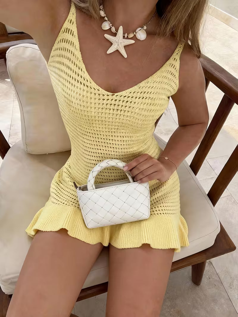 NOVA | Women's Knitted Holiday Mini Dress – Sleeveless Crochet Beach Vacation Dress | White & Yellow
