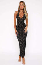 NOVA | Women’s Lace Maxi Dress – Halter Neck Backless Bodycon Dress with Split, Evening & Wedding Guest Dress