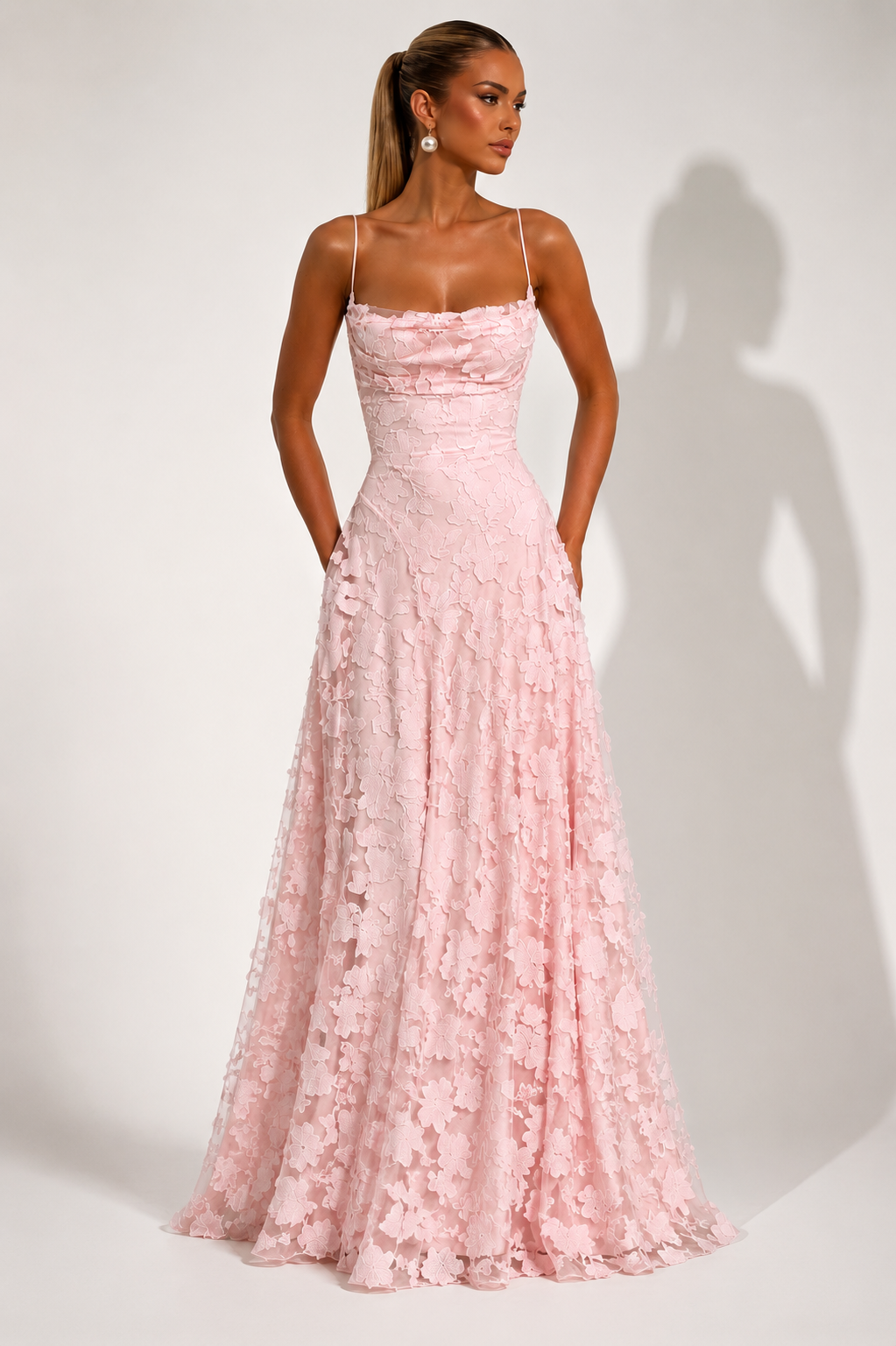 NOVA | Lace Floral Pink Wedding Guest Maxi Dress | Elegant Strappy Evening Gown