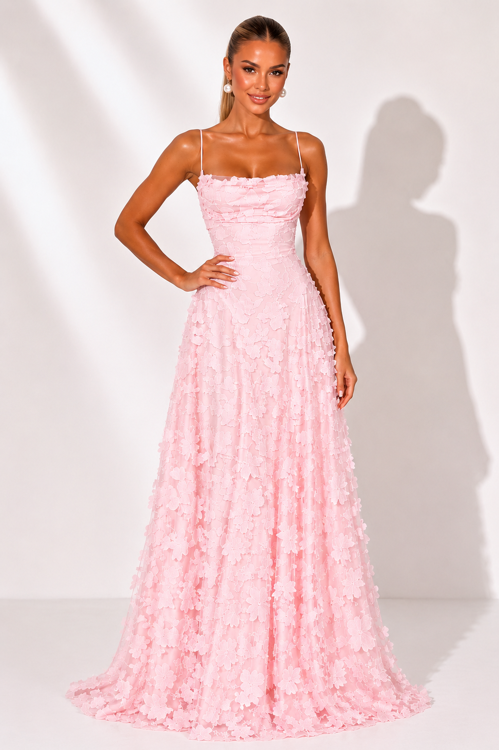 NOVA | Lace Floral Pink Wedding Guest Maxi Dress | Elegant Strappy Evening Gown