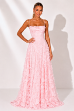 NOVA | Lace Floral Pink Wedding Guest Maxi Dress | Elegant Strappy Evening Gown