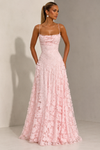NOVA | Lace Floral Pink Wedding Guest Maxi Dress | Elegant Strappy Evening Gown