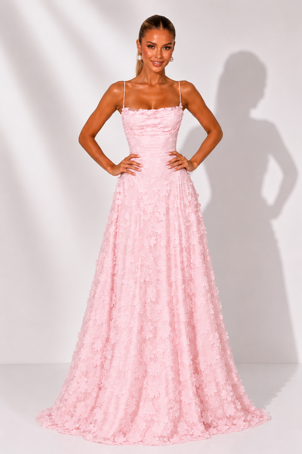 NOVA | Lace Floral Pink Wedding Guest Maxi Dress | Elegant Strappy Evening Gown