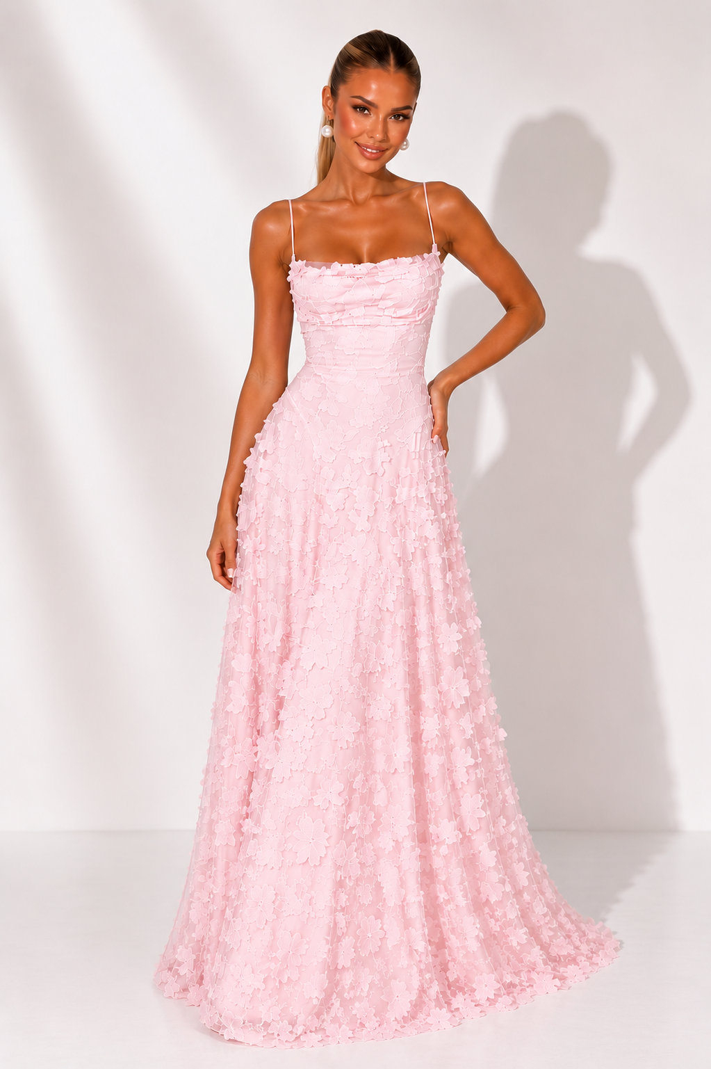 NOVA | Lace Floral Pink Wedding Guest Maxi Dress | Elegant Strappy Evening Gown