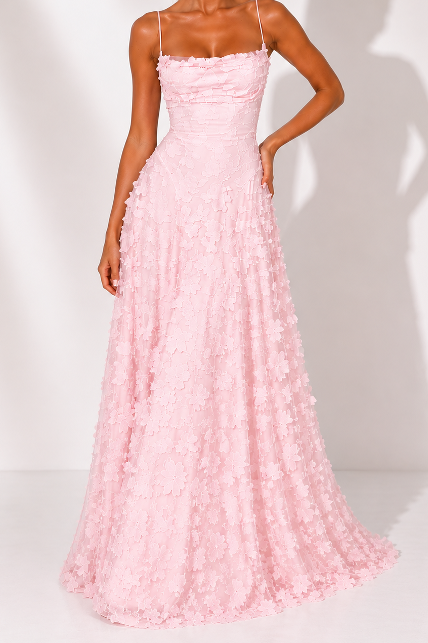 NOVA | Lace Floral Pink Wedding Guest Maxi Dress | Elegant Strappy Evening Gown