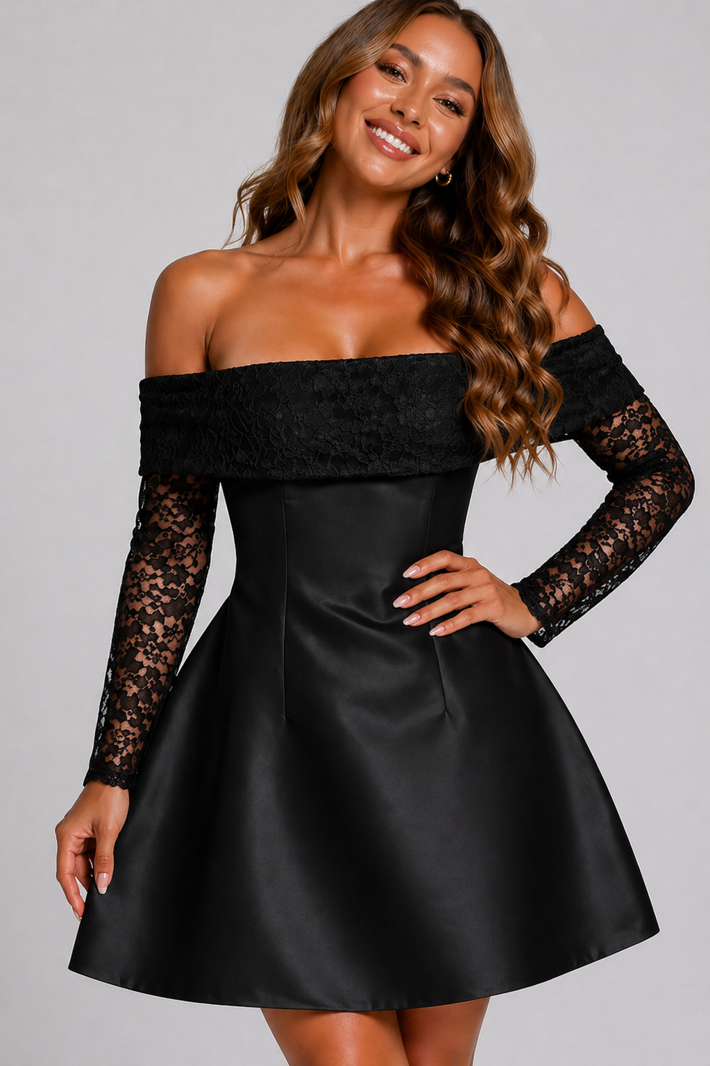 NOVA | Off Shoulder Lace Sleeve Mini Dress | Skater Party Dress