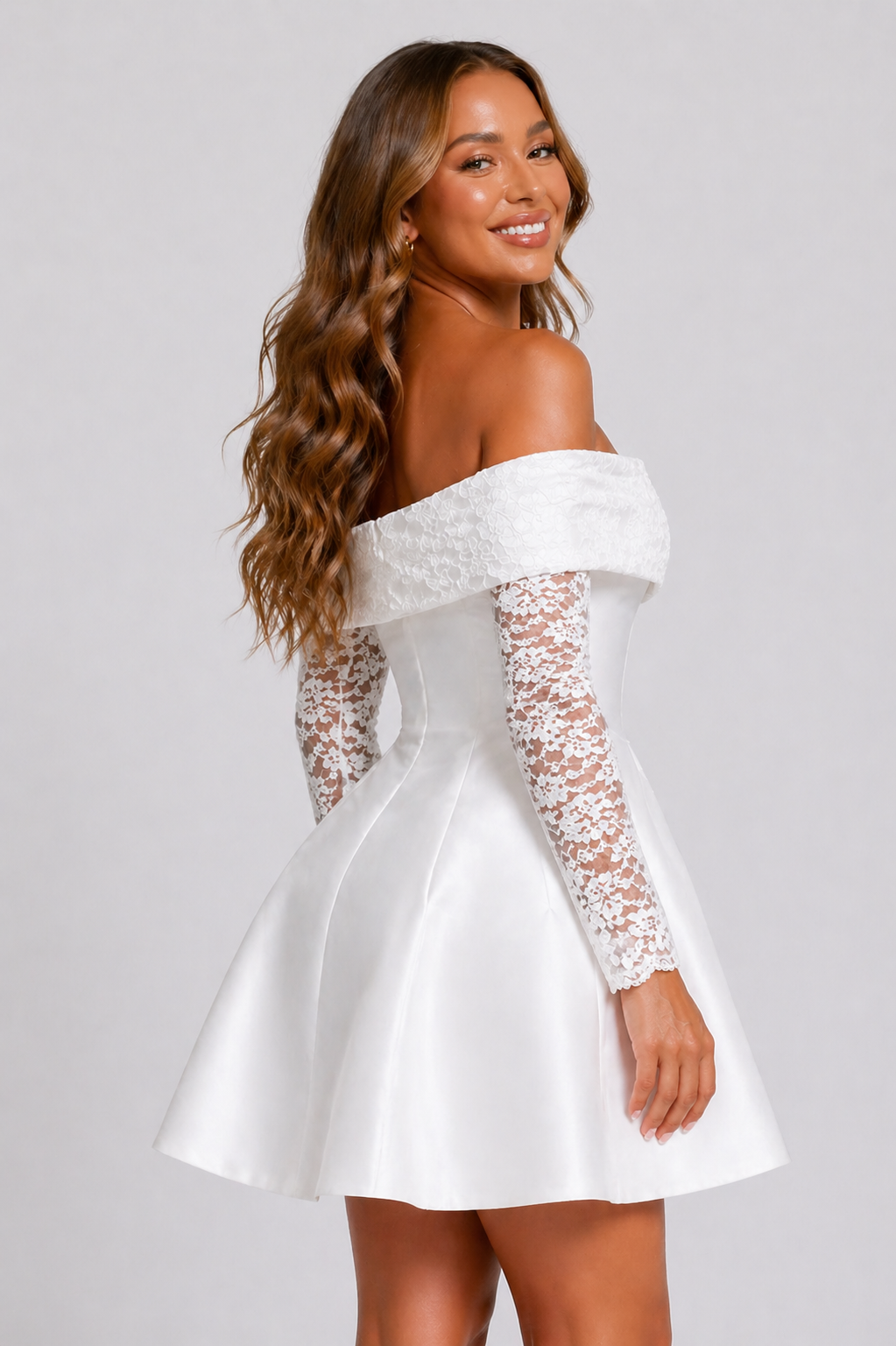 NOVA | Off Shoulder Lace Sleeve Mini Dress | Skater Party Dress