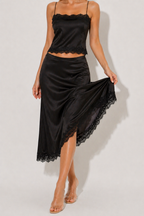 NOVA | Black Satin Lace Co-Ord Set | Cami Top & Midi Skirt Set