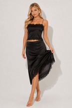 NOVA | Black Satin Lace Co-Ord Set | Cami Top & Midi Skirt Set