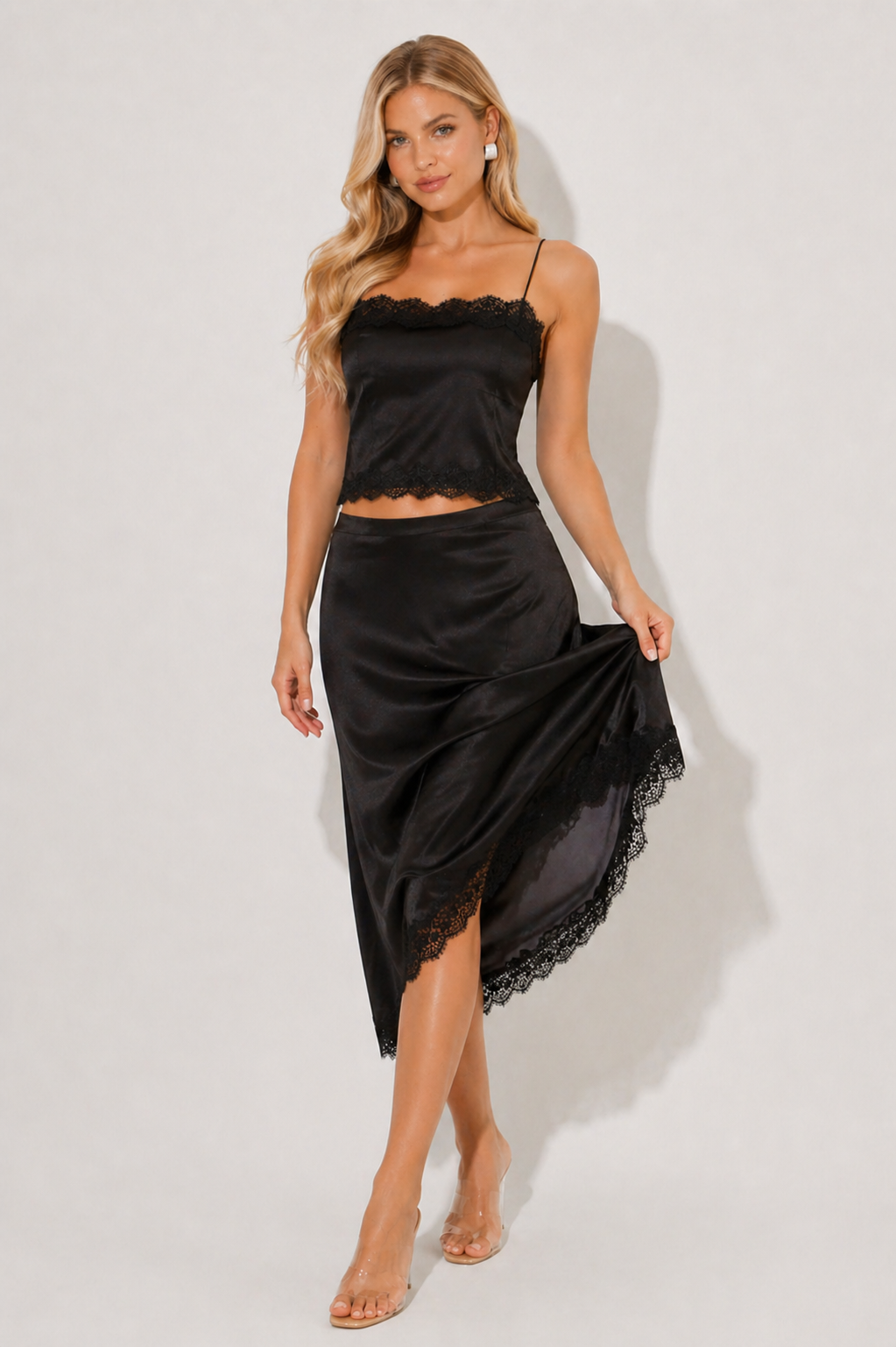 NOVA | Black Satin Lace Co-Ord Set | Cami Top & Midi Skirt Set