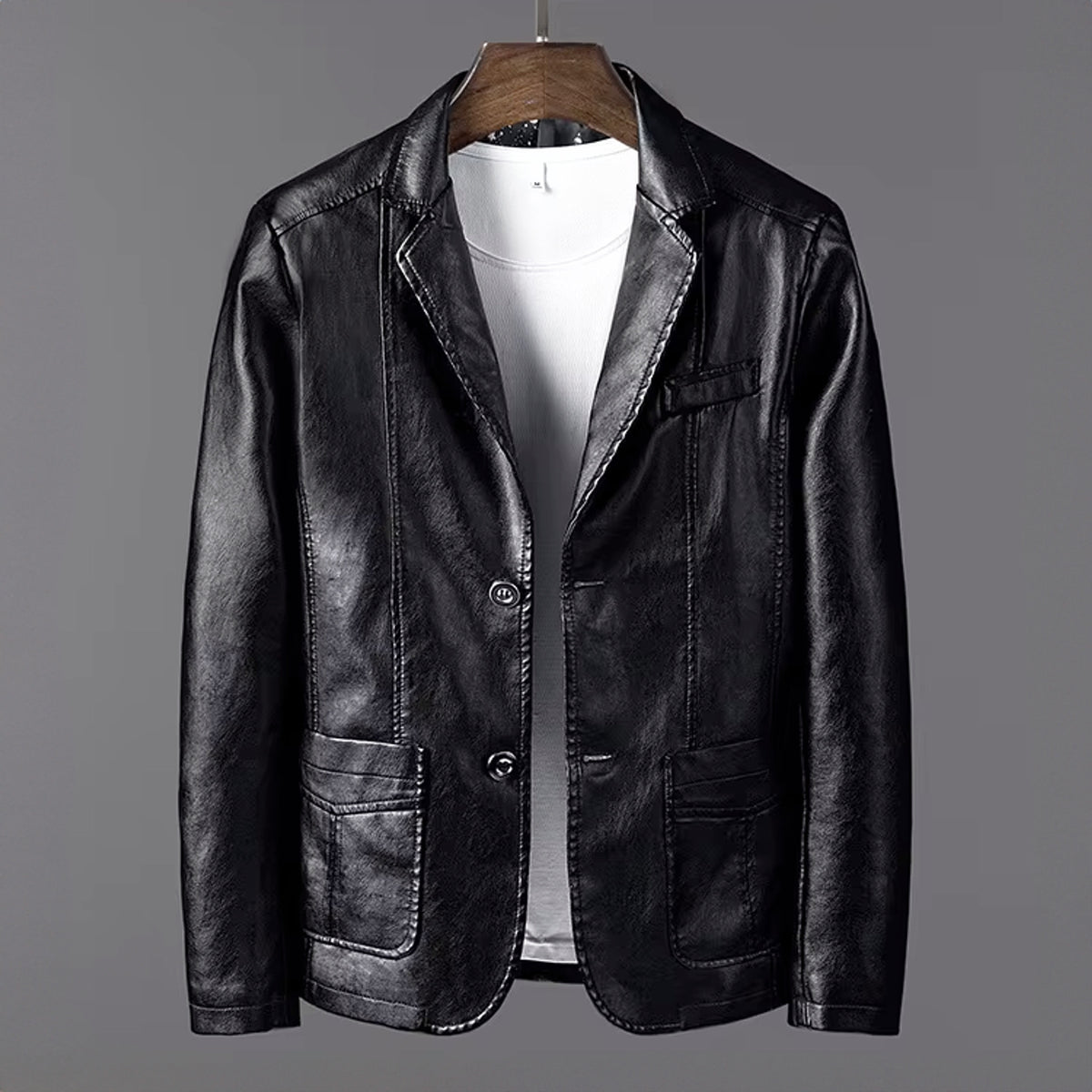 Leather Blazer with Streamlined Fit and Button-Up - Image 5