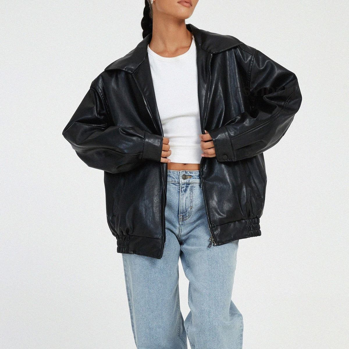 Leather Bomber Jacket with Relaxed Classic Fit and Zip Pockets - Image 1