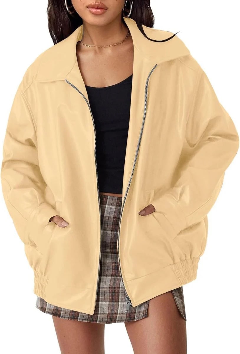 Leather Bomber Jacket with Relaxed Fit and Zip Pockets - Image 10