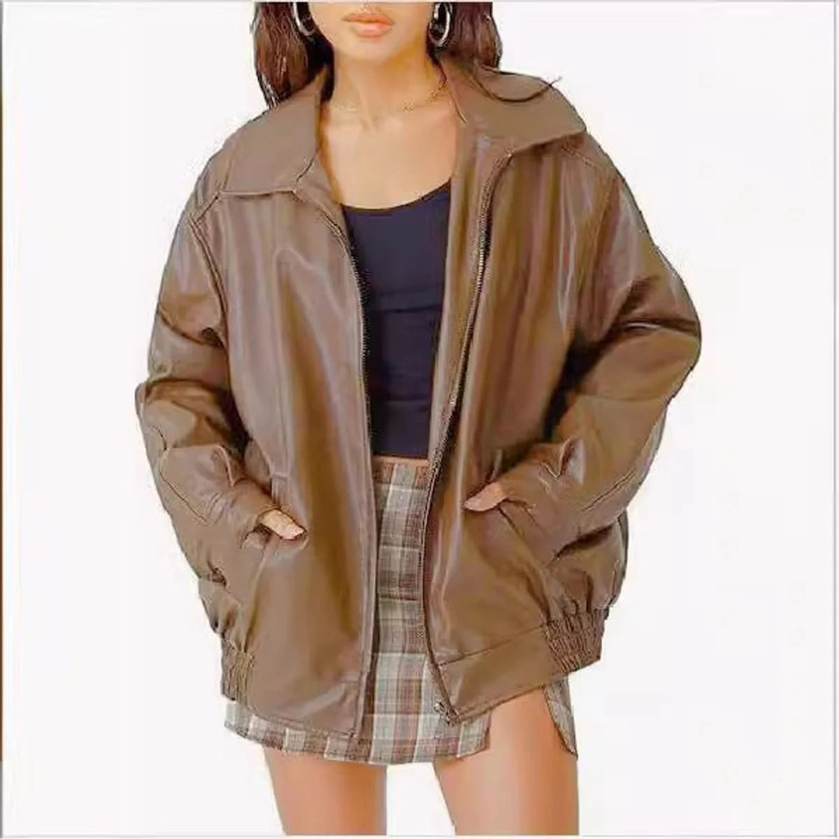 Leather Bomber Jacket with Relaxed Fit and Zip Pockets - Image 5