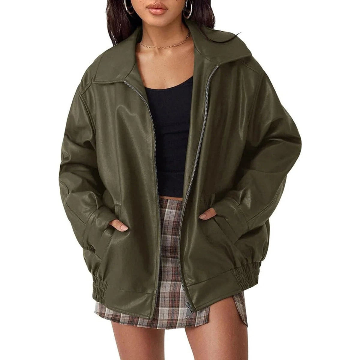 Leather Bomber Jacket with Relaxed Fit and Zip Pockets - Image 7