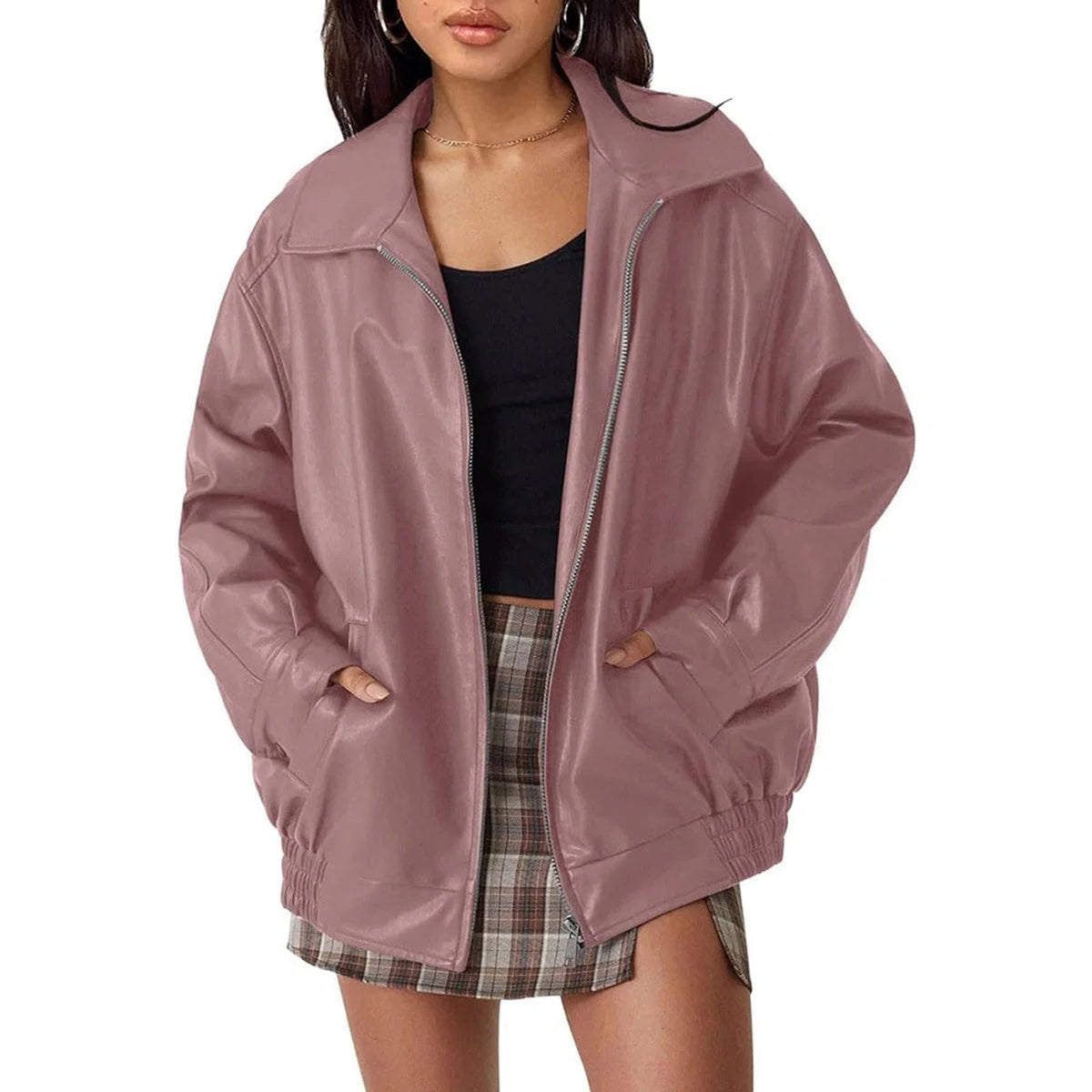 Leather Bomber Jacket with Relaxed Fit and Zip Pockets - Image 8