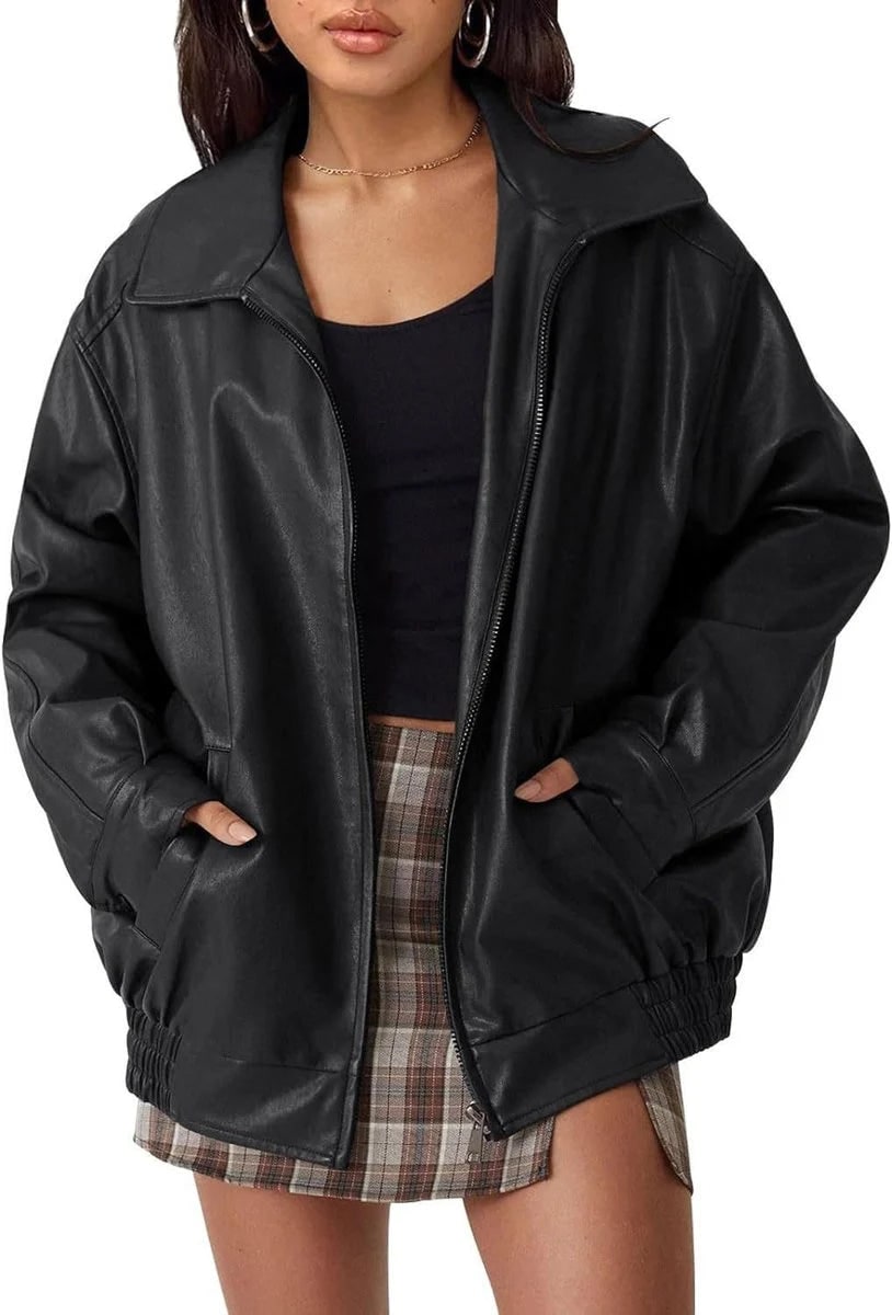 Leather Bomber Jacket with Relaxed Fit and Zip Pockets - Image 9