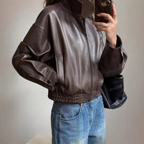 Leather Bomber Jacket with Streamlined Cropped Cut and Zip Pockets - Image 1