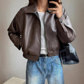 Leather Bomber Jacket with Streamlined Cropped Cut and Zip Pockets - Image 2