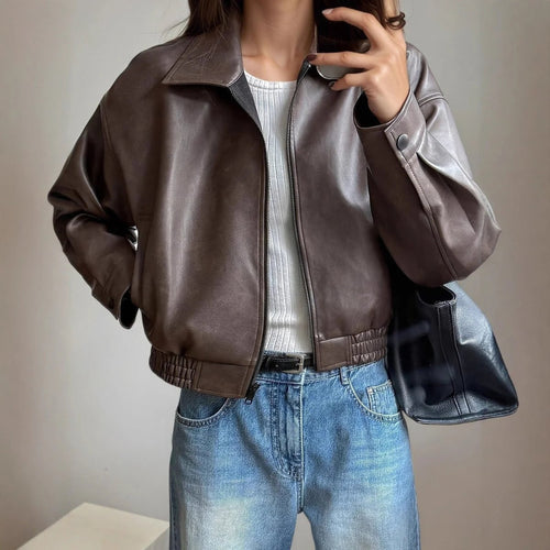 Leather Bomber Jacket with Streamlined Cropped Cut and Zip Pockets - Image 2