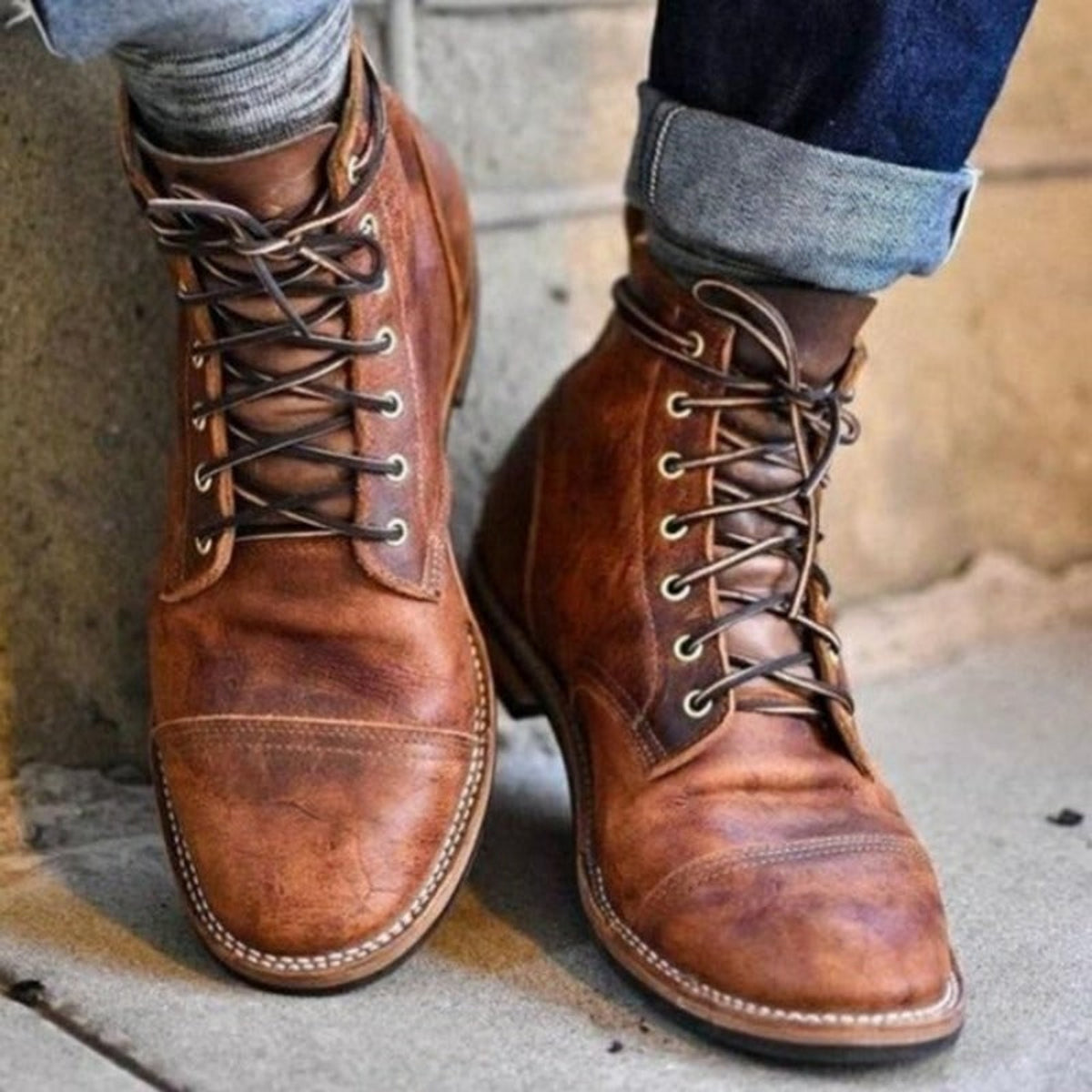 Leather Boots with Cushioned Insole Rugged and Lace-Up - Image 1