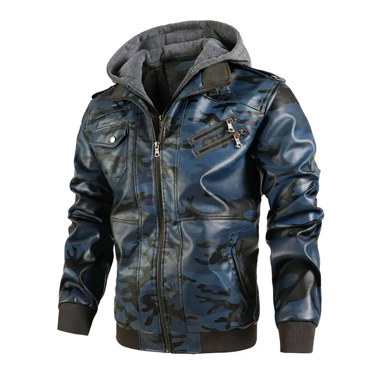 Leather Camo Jacket with Adjustable Zip-Up Hood and Pockets - Image 2