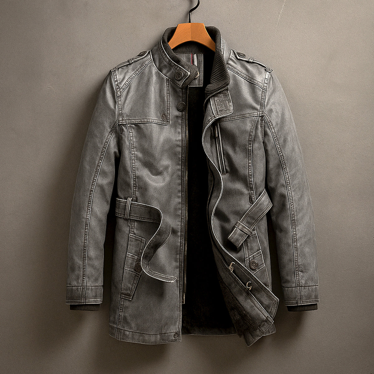 Leather Coat with Streamlined Long Fit and Epaulette Shoulders - Image 3