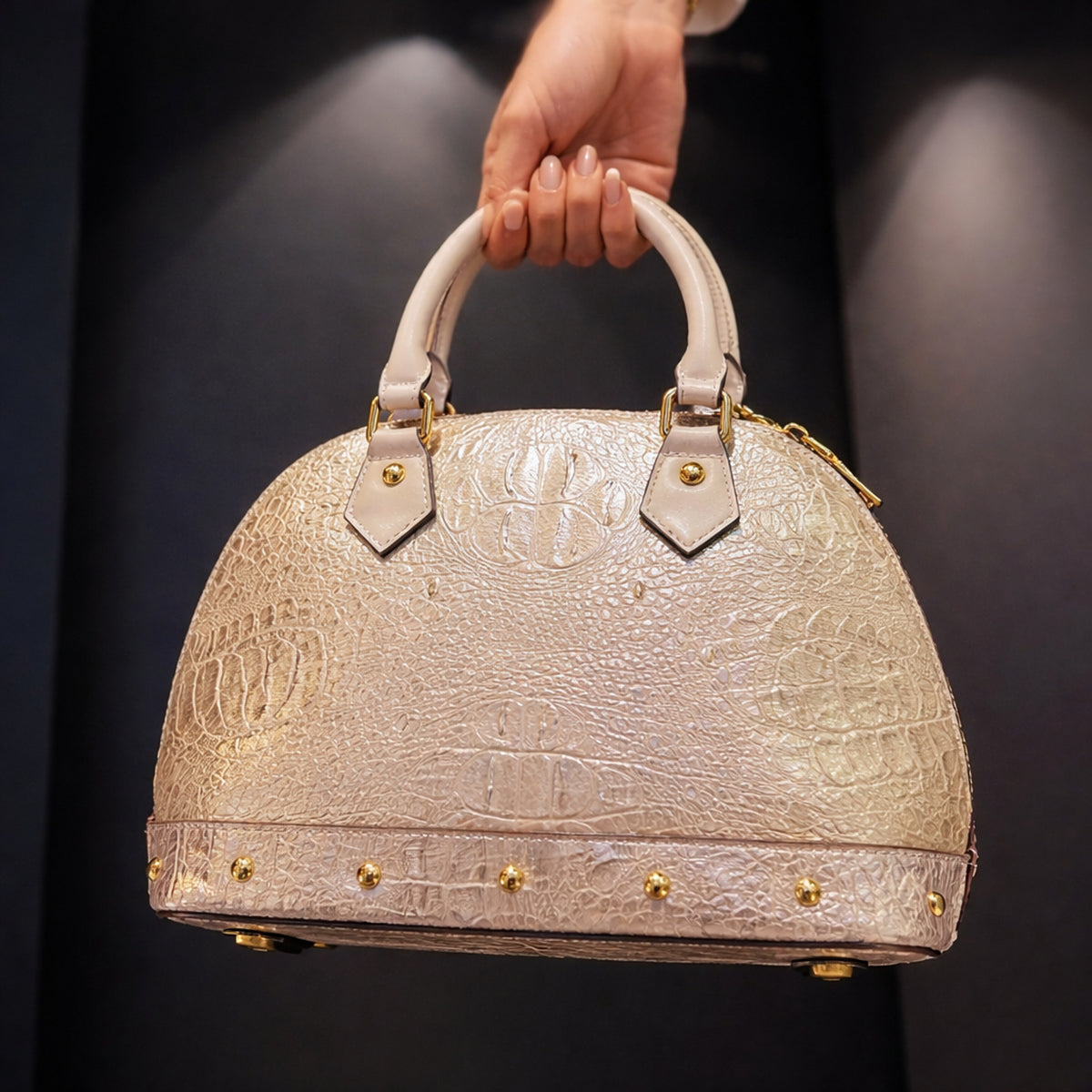 Leather Handbag with Flattering Top Handle and Gold Hardware - Image 5