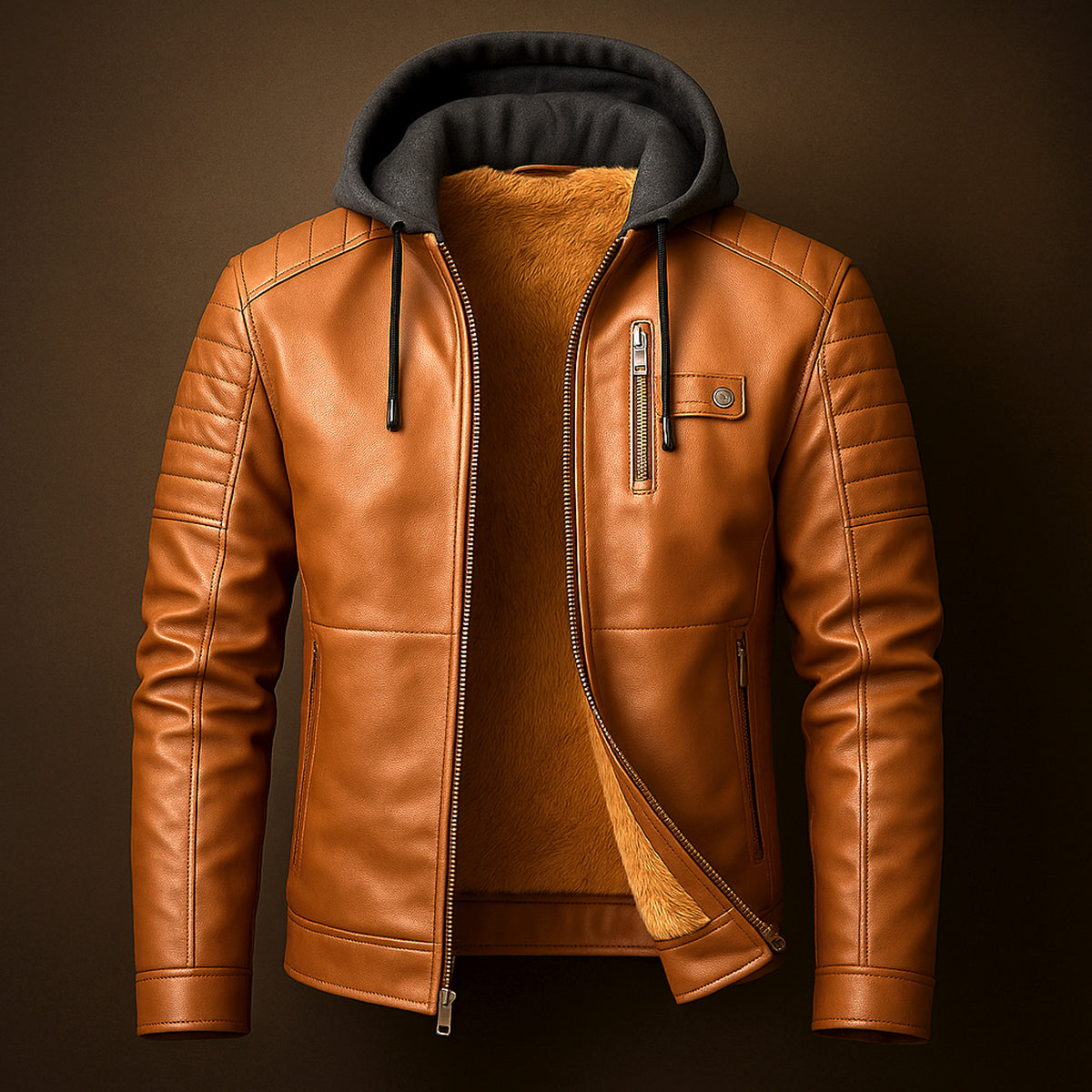 Leather Hoodie Jacket with Adjustable Hooded Fit and Lining - Image 2