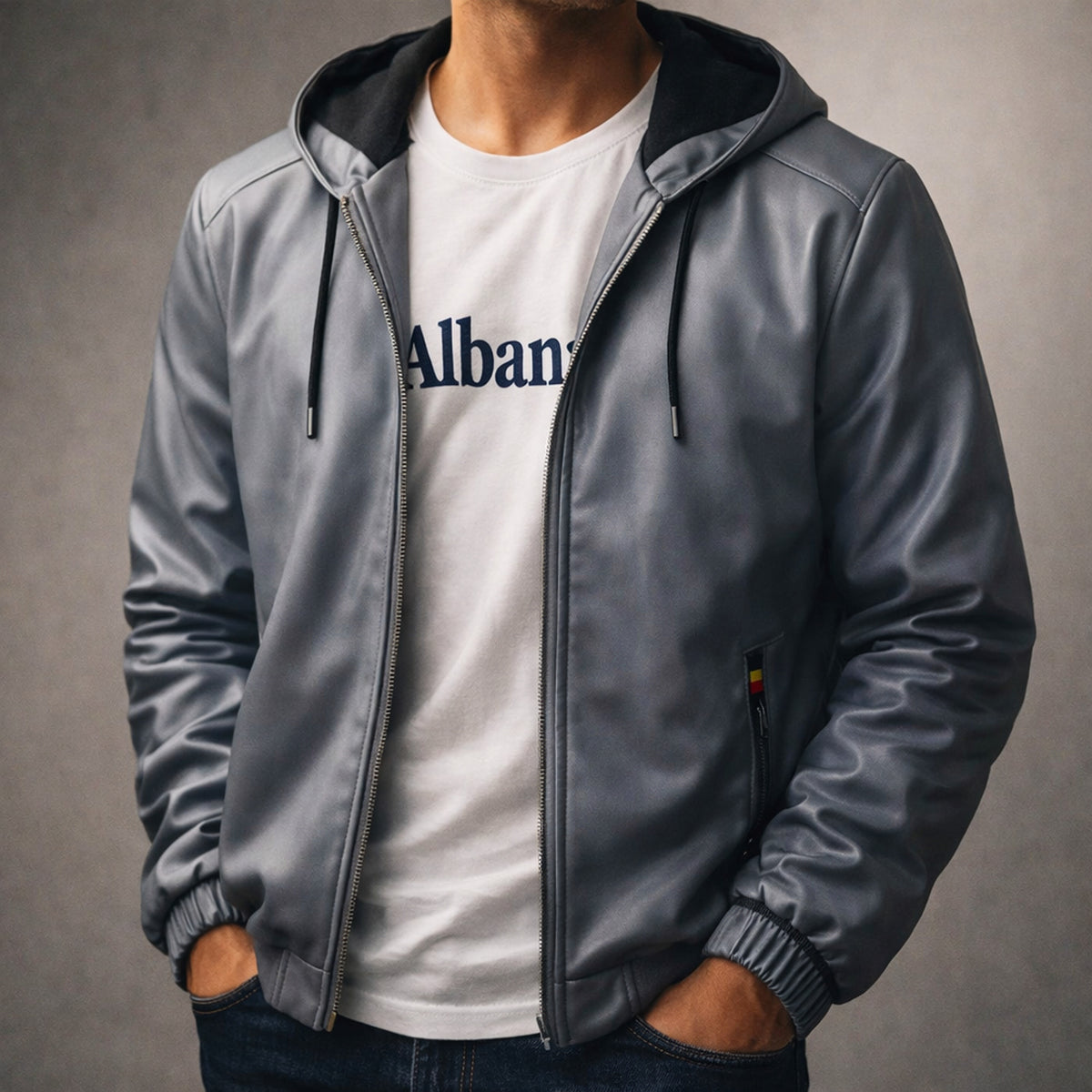 Leather Hoodie with Streamlined Zip-Front and Ribbed Cuffs - Image 2