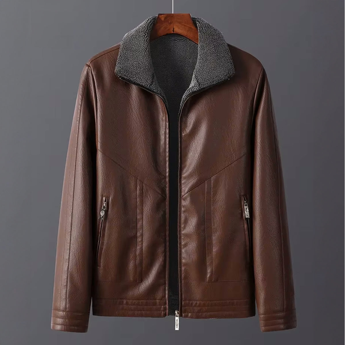 Leather Jacket with Relaxed Biker Fit and Pockets - Image 4