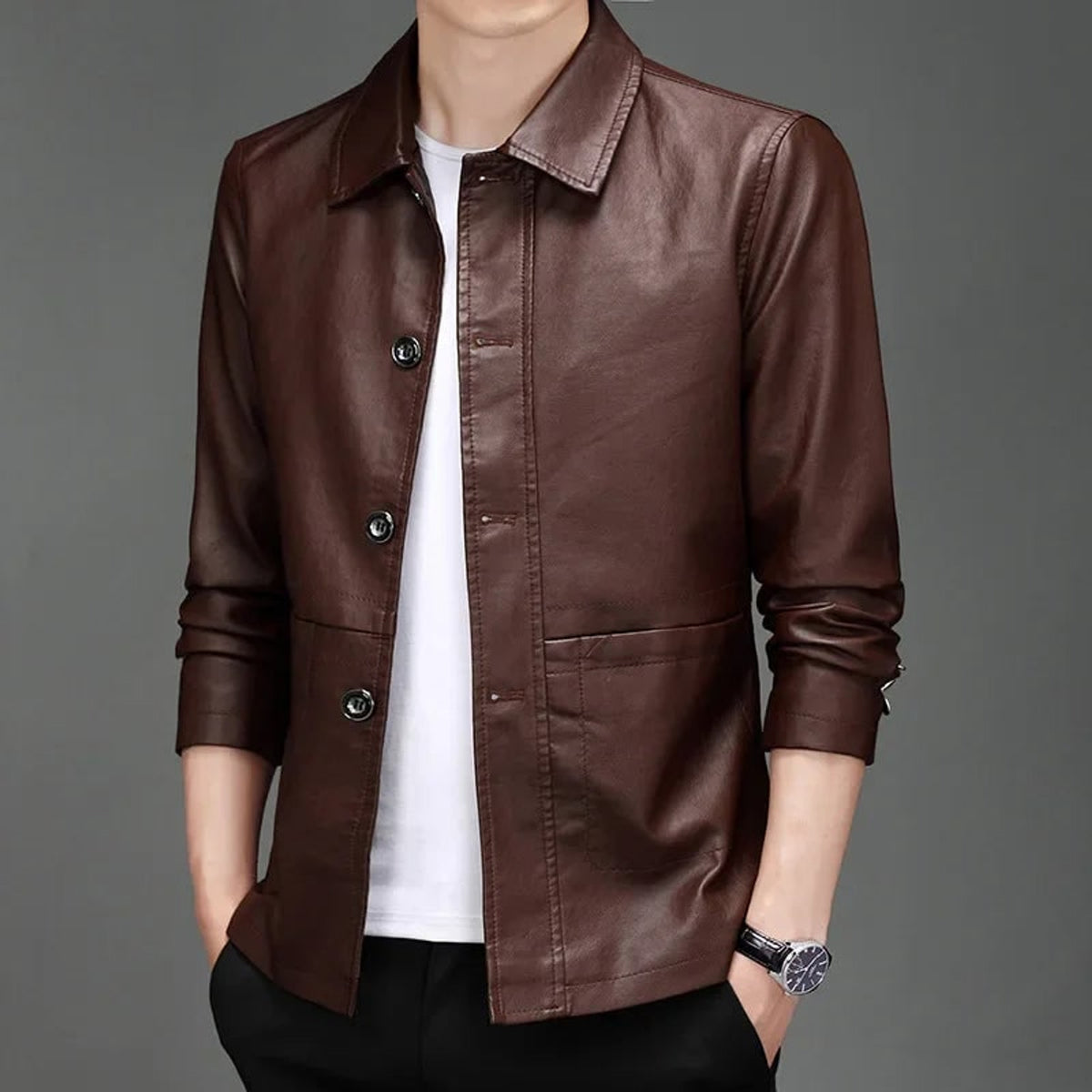 Leather Jacket with Relaxed Button-Up Fit and Pockets - Image 4