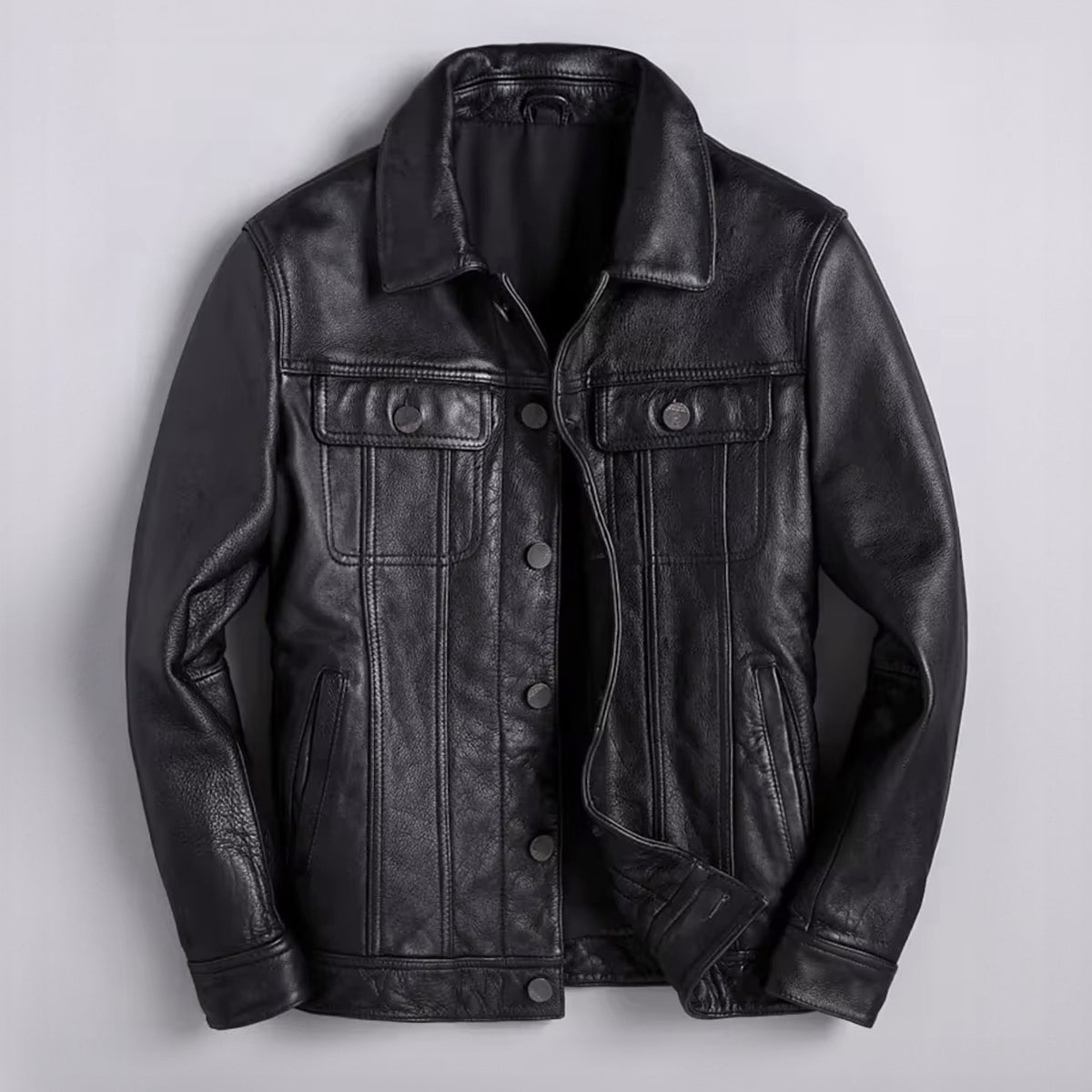 Leather Jacket with Relaxed Button-Up Fit and Pockets - Image 8